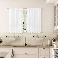 40 Inch Length Short Linen Curtains for Window 2 Panels, White Small Drapes 