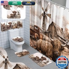 FuWeave 8 Pcs Highland Cow Shower Curtain Sets Bathroom Farm Daisy Cattle