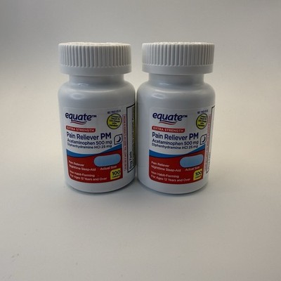 2x Equate Extra Strength Pain Reliever PM Caplets Nighttime 200 Count Exp 02/27
