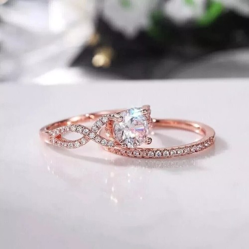 2Ct Round Lab-Created Diamond Bridal Set Wedding Ring 14K Rose Gold Plated - Picture 4 of 5