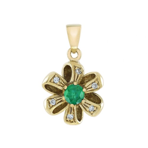 9K Yellow Gold Natural Emerald Diamond Floral Pendant - Picture 2 of 6