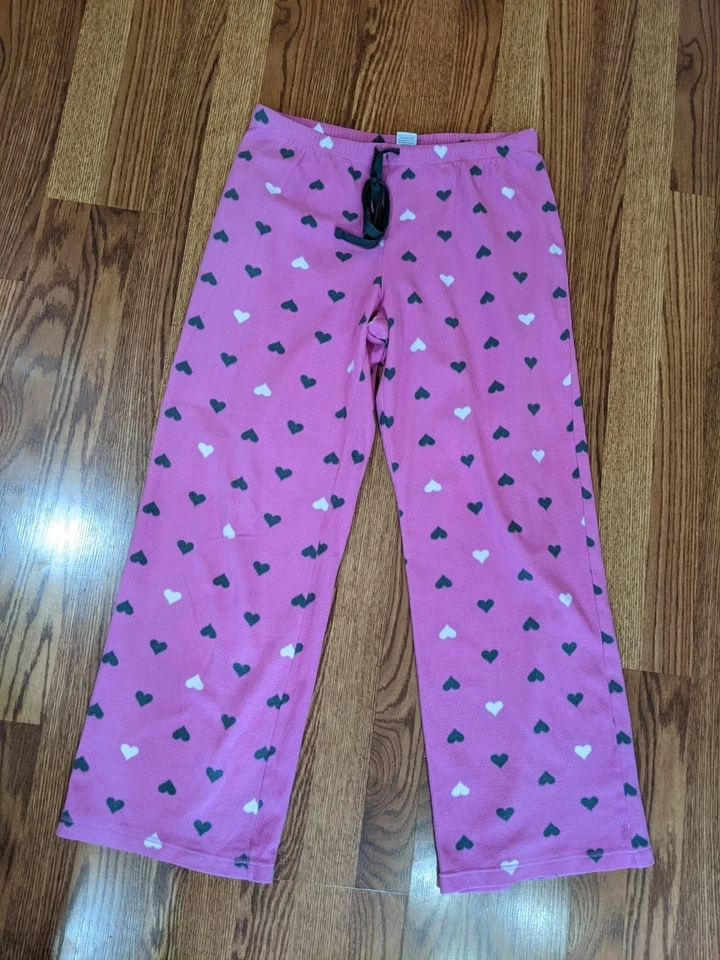 Sonoma Fleece PJ Set Pink w/ gray white Hearts Soft & Comfy Crew top pants Euc M - Image 3 of 3