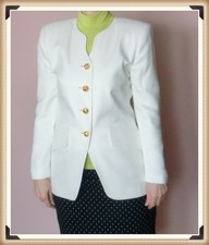 Blazer "Amanda Smith" Long Cut Decorated Neck line  Gold buttons White Size 8