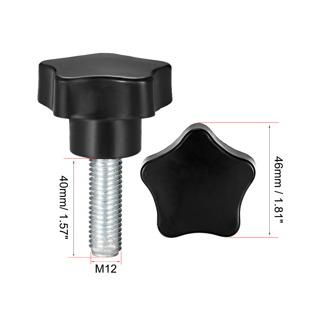 3 Pcs Star Knobs Grips M12 x 40mm Male Thread Steel Zinc Stud Black PP ...