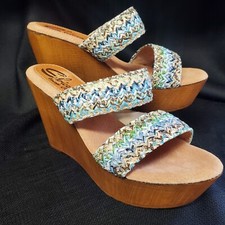 Sbicca Strappy Platform Sandals Wooden Wedge Multi Color Woven Straps Sz 7 NWOB