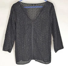 TALBOTS BLACK BLOUSE TOP MEDIUM Floral Cutout Design Career Sheer Stunning 