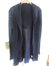 talbots navy blue 100 Cotton Long knit Hooded Cardigan M read
