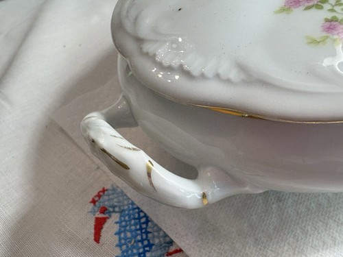 Vintage L S & S Carlsbad Austria Covered Vegetable Dish Pink,Green Leaves & Gold - Picture 7 of 18