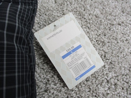 Merona Puffer Vest Mens Large Black Gray Plaid Snap up Front Pockets NWT* - Picture 6 of 11