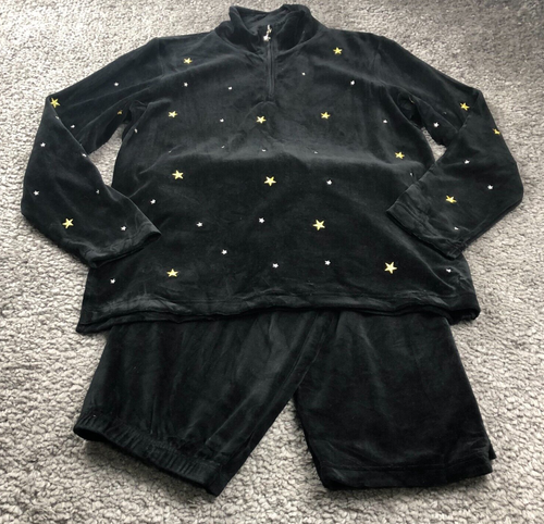The Quacker Factory Womens 2 Piece Velour Sz M Black Star Embroidery 1/4 Zip