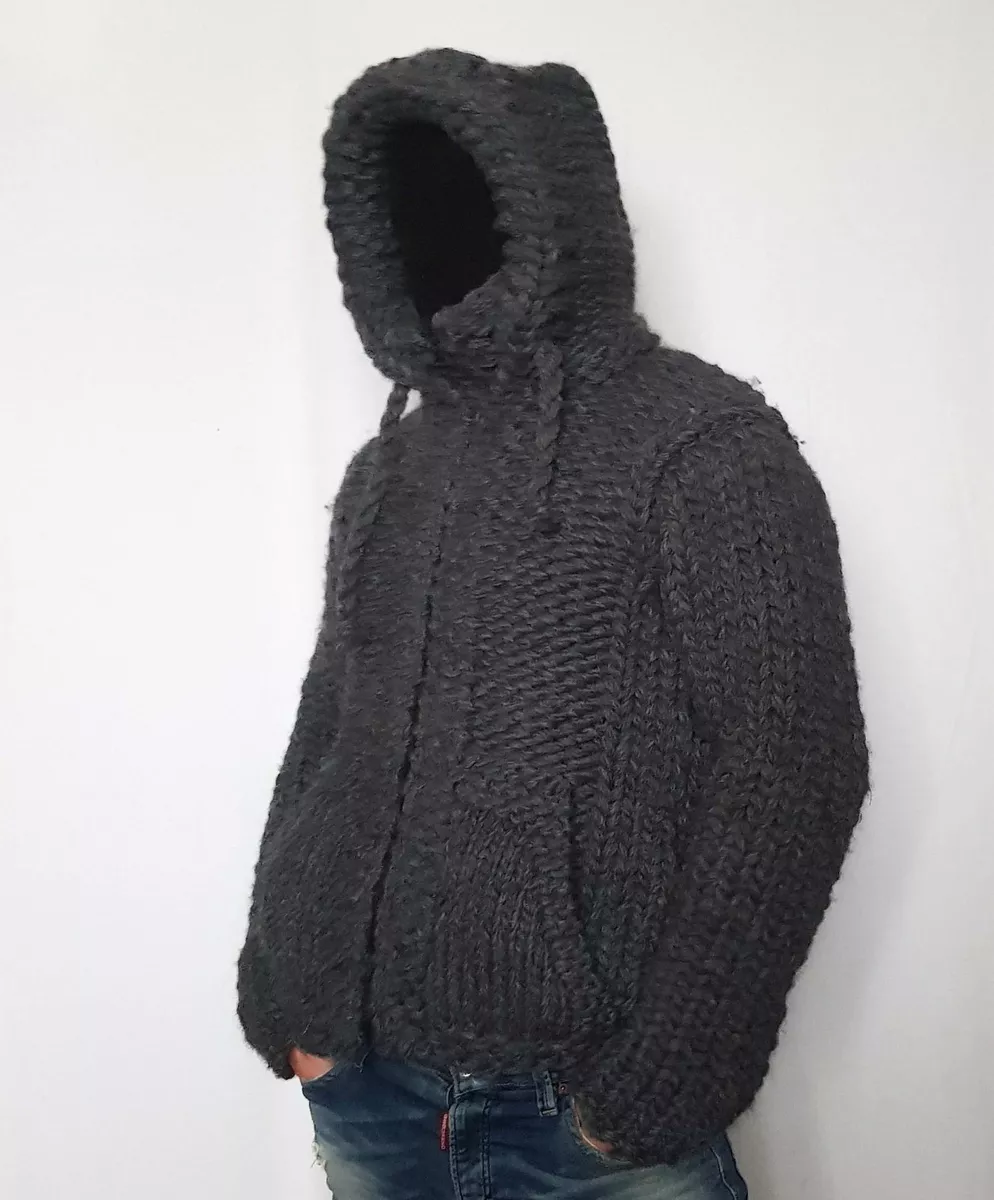 Hand knitted VERY THICK 100 WOOL mens sweater hoodie turtleneck zipper pockets