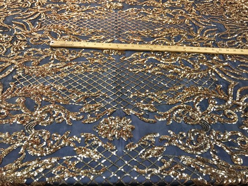 GOLD SHINY SEQUIN DAMASK DESIGN EMBROIDERY ON A BLACK 4 WAY STRETCH MESH-1 YARD. - Picture 6 of 9