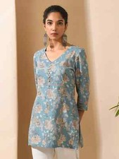 Indian Women Blue  Gray Cotton Floral Printed Kurta Kurti Top Tunic New Dress