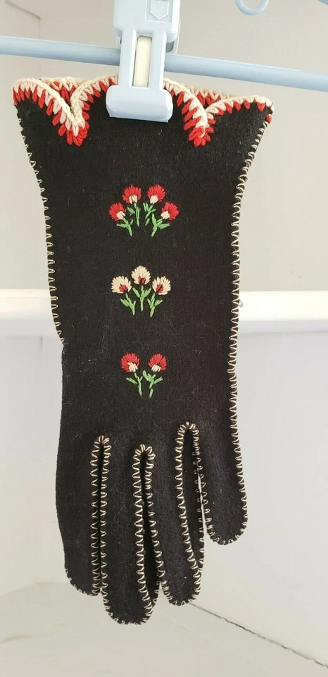 Guantes Vintage Mediados de Siglo Talla 7.5 Mujer Negro Rojo Floral Bordado CD Osborn Foto 4 de 4