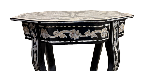 Handmade Wooden End Table Carving Wood Table Home Decor Mother of Pearl Inlay - Picture 19 of 22