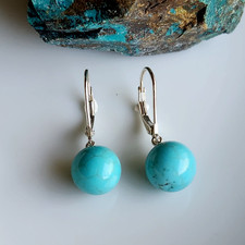 TEAR DROP Round 10.3-10.5mm Natural Turquoise LEVER BACK 1'' EARRINGS 925 Silver