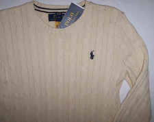 NWT Polo Ralph Lauren CREAM IVORY COTTON CABLE Knit Sweater Boys S/8 NAVY PONY