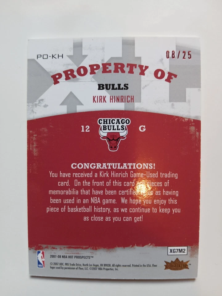 Fleer Hot Prospects 2007-08 propiedad de materiales 8/25 Kirk Hinrich #PO-KH Foto 2 de 2