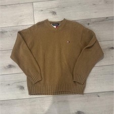 Tommy Hilfiger Men's L Cotton Knit V-Neck Pullover Sweater Brown Solid Logo