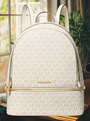Michael Kors Rhea Women Medium MK Logo Double Zip Backpack Light