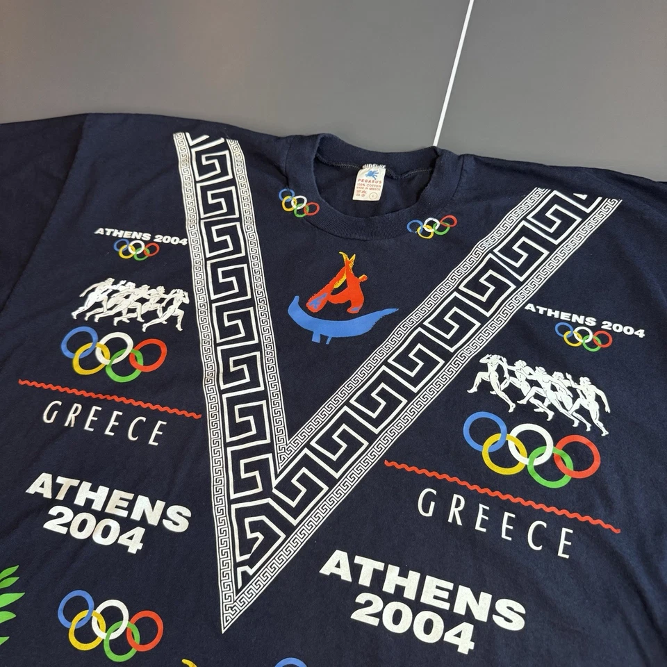 Vintage Athens Greece 2004 Olympics T Shirt Large AOP Blue Greek - Image 2 of 4