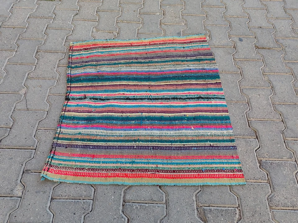 Vintage Turkish Rag Rug 2.9x2.7 ft | Colorful Striped Kilim Mat - Image 4 of 4