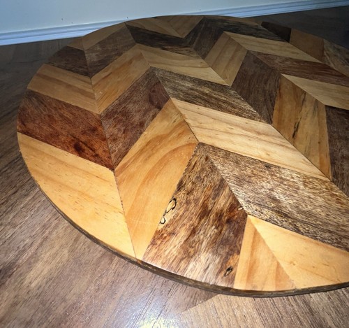 Handcrafted Wooden Chevron Inlay Pattern Lazy Susan Made in India Farmhouse 17.5 - Picture 3 of 11