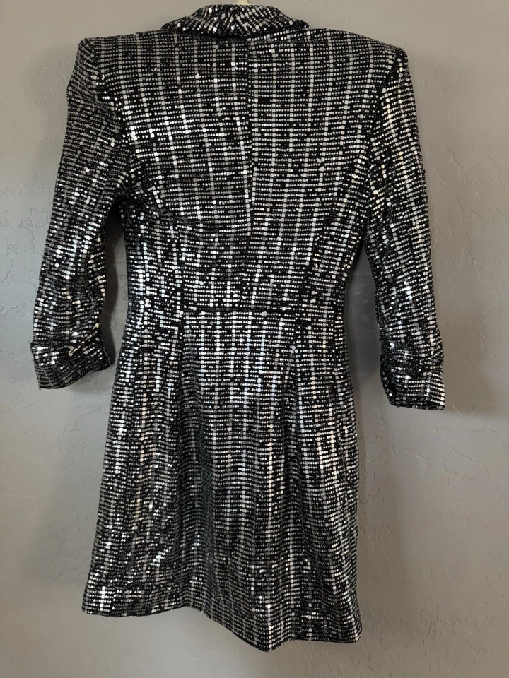 Zara Metallic Silver Mirror Sequin Embellished Wrap Blazer Mini Dress Sz XS - Image 4 of 4