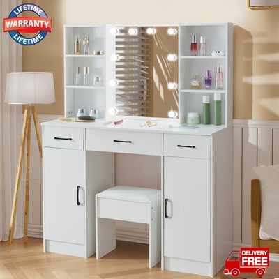 Dressing Table Vanity Makeup Desk Set w/LED Lighted Mirror&Stool Storage Dresser
