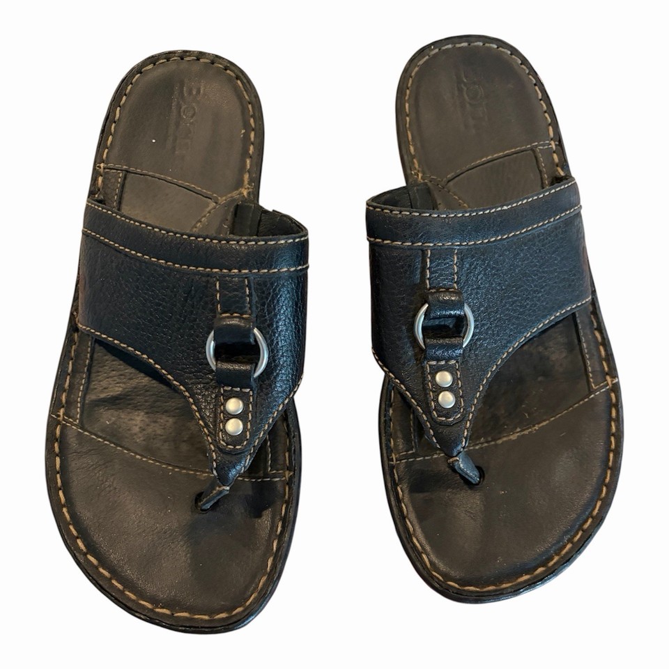 Born Women Quill Black Leather Comfort Thong T strap Sandals Size 6 M