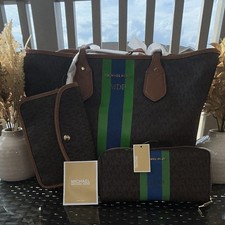 Michael Kors Large Brown MK Logo Stripe Zip T...