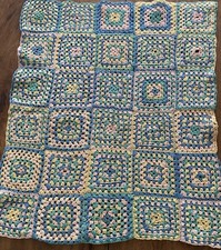 Vintage Crochet Blnket Doll Grnny Sq 18.5” x 22.5” Hand Made Bl Green Pink Yello