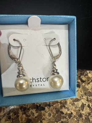 Touchstone Crystal Cream Pearl Drop earrings Rhodium Plated New