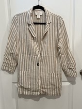 Halston White Beige Stripe Linen Blend Blazer Jacket Size Medium Lightweight