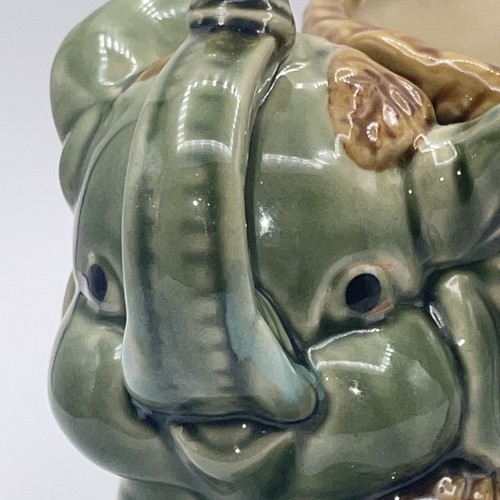 Vintage Ceramic Happy Elephant Planter Trunk Up Green Pottery Brown Green Glaze - Picture 2 of 11