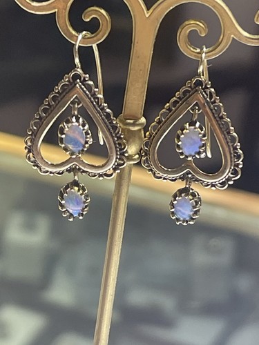Antique 14k Yellow Gold Hearts Australian Fire Opal Dangle Earrings - Picture 2 of 15