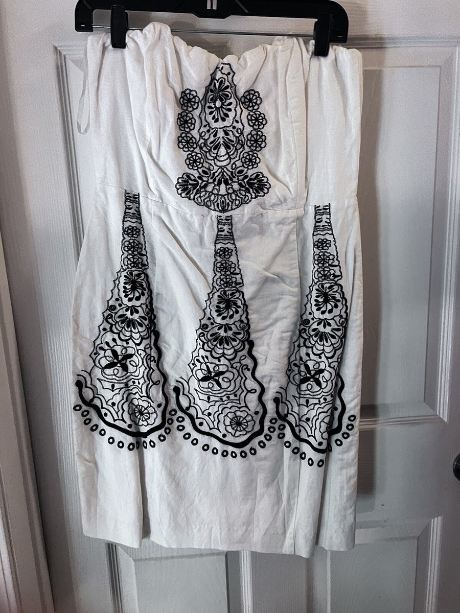 BANANA REPUBLIC Dress Size 10 White Linen black embroidery strapless sheath  NWT