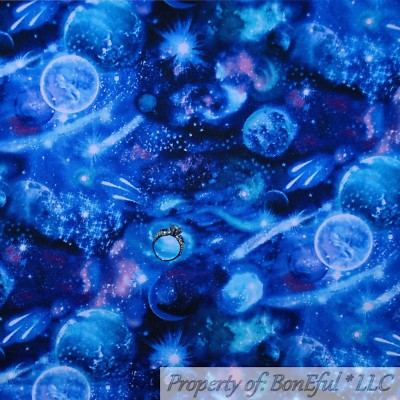 BonEful FABRIC FQ Cotton Quilt Navy Blue Space Star Sky Scenic Night Cloud Retro