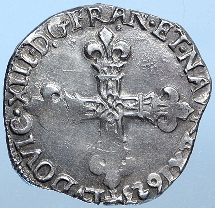 1623 FRANCE King LOUIS XIII FLEUR DE LIS Old Silver French 1/4 Ecu