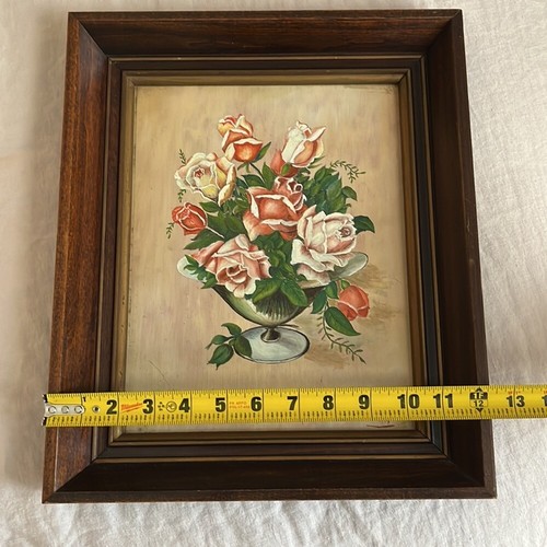 c1947 Vintage Oil Painting Bouquet of Roses in Wooden Frame Signed - Picture 12 of 14