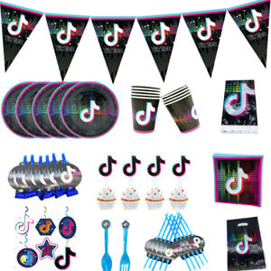 Tik Tok Party Supplies,16 Party Plates+20 Napkins+Tablecloth for Kids Tik Tok Theme Birthday Party Decorations