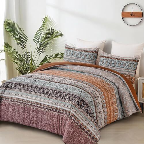Boho Comforter Size Set, 3 Piece Bohemian Striped Western Comforter Queen Brown