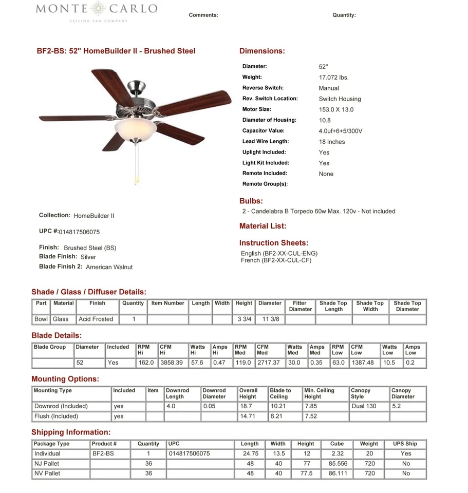 Monte Carlo BF2-BZ Bronze Ceiling Fan II 52" 5 Blade Builder 132cm W/ Light NEW - Image 4 of 4