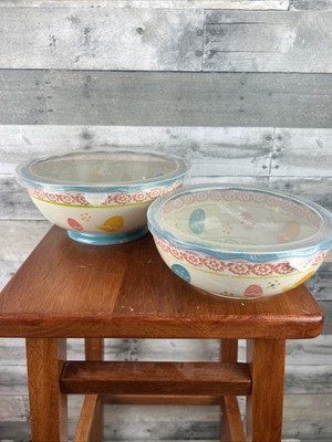 Temptations Old World Easter Egg Hunt Nesting Bowls Lids Set of 2 2qt & 1.25qt