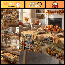 Autumn Tablecloth 60x104" - Harvest Decor, Pumpkin Scarecrow Design, Washable