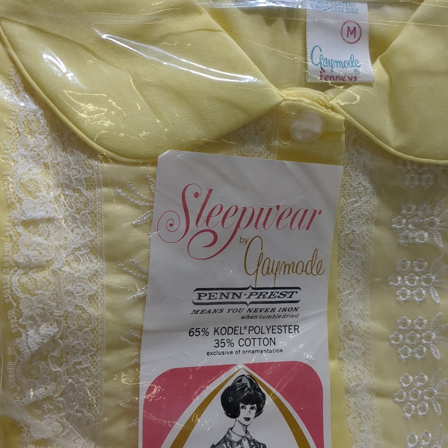 Vtg Gaymode Pajamas Set Yellow Lace Trim Penn Pre Kodel Polyester NOS M Penneys