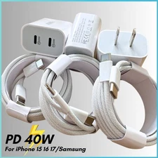 For iPhone 15 16 17 Series PD 40W Dual USB-C Fast Charger Block USB Type-C Cable