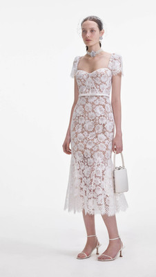Self Portrait White Fine Lace Corset Midi Dress in White UK 8