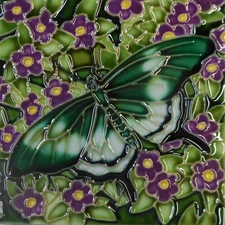 Butterfly hand painted ceramic art tile coaster 4 x 4 inches with back