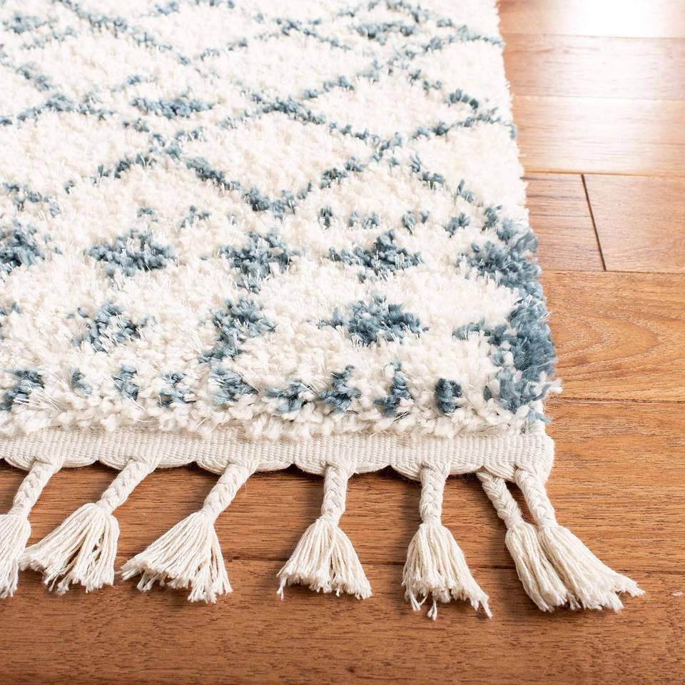 Berber Fringe Shag Collection Runner Rug - 2'2" x 8', Cream & Blue, Moroccan ... - Image 3 of 4